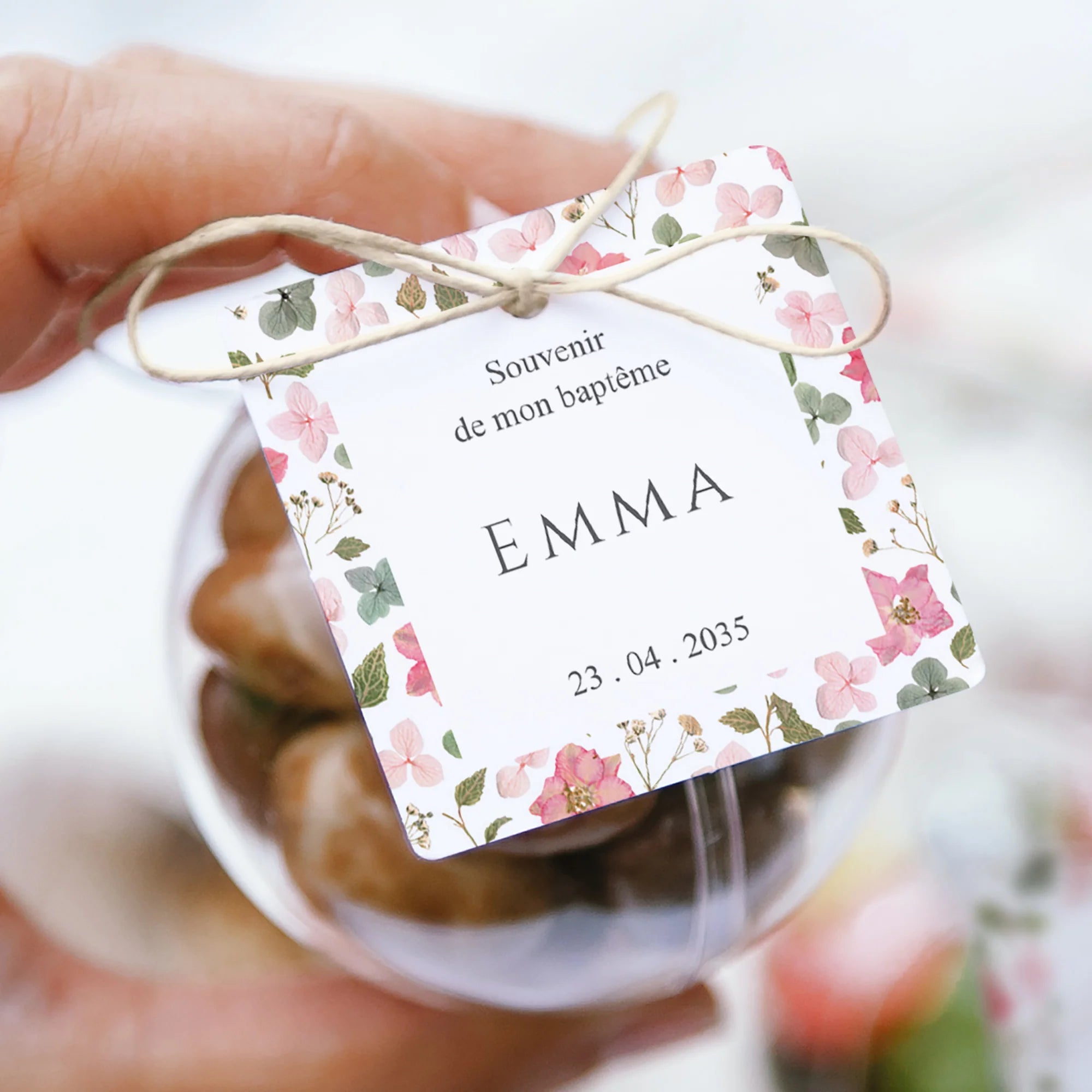 Boîte à dragées Baptême boule avec étiquette carrée Dimanche au Jardin – Maison June x chemin des Marettes