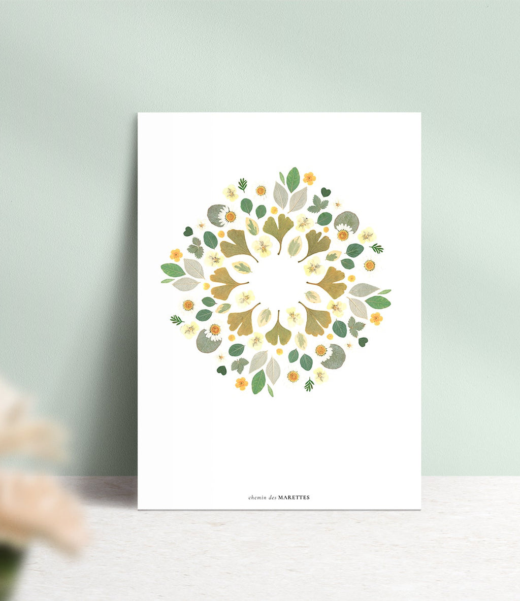 Affiche Herbier - Gaïa
 art print format a3, tons verts. Mandala de  fleurs pressées de ginkgo et marguerites. décoration fleurie et colorée de Chemin des Marettes 