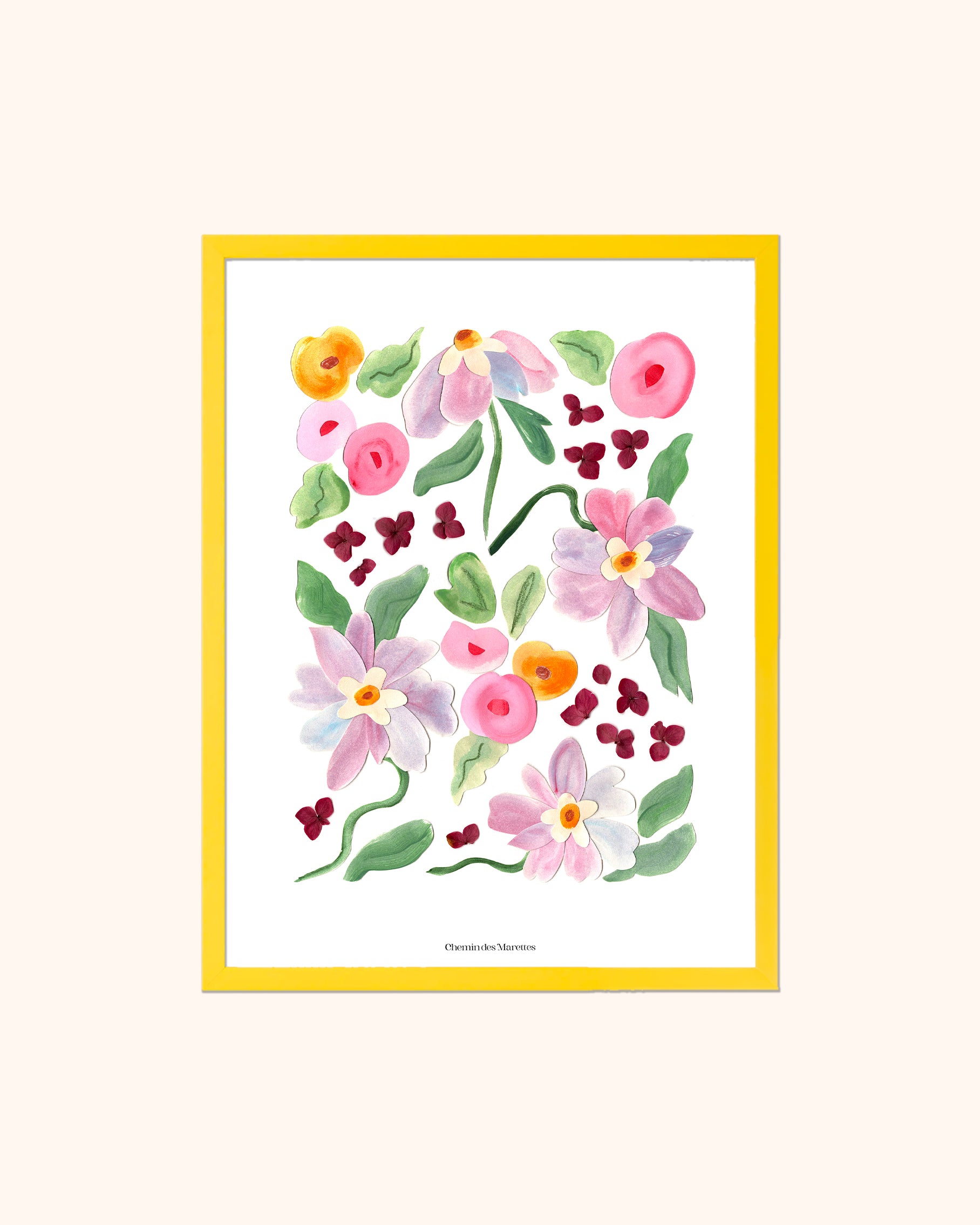 Grand herbier original A3 nommé Chimère, collage de fleurs en papier en relief sur fond blanc, encadré dans un cadre en bois jaune, création Chemin des Marettes.