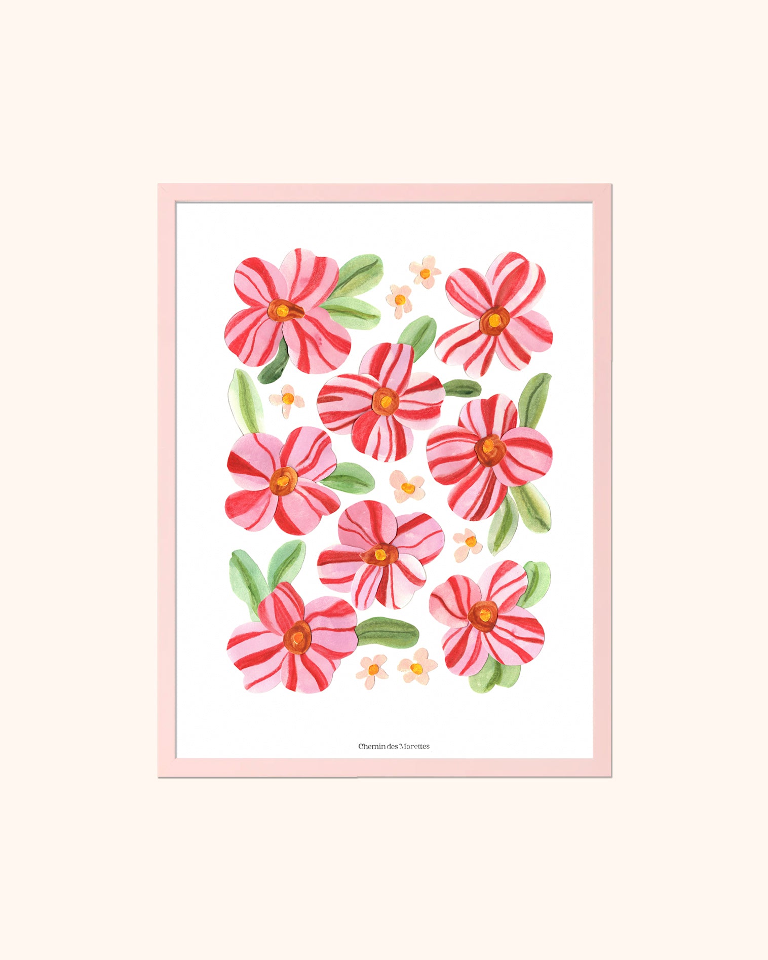 Grand herbier original A3 nommé Dragée, collage de fleurs en papier rose et rouge en relief sur fond blanc immaculé, encadré dans un cadre en bois rose, création Chemin des Marettes.