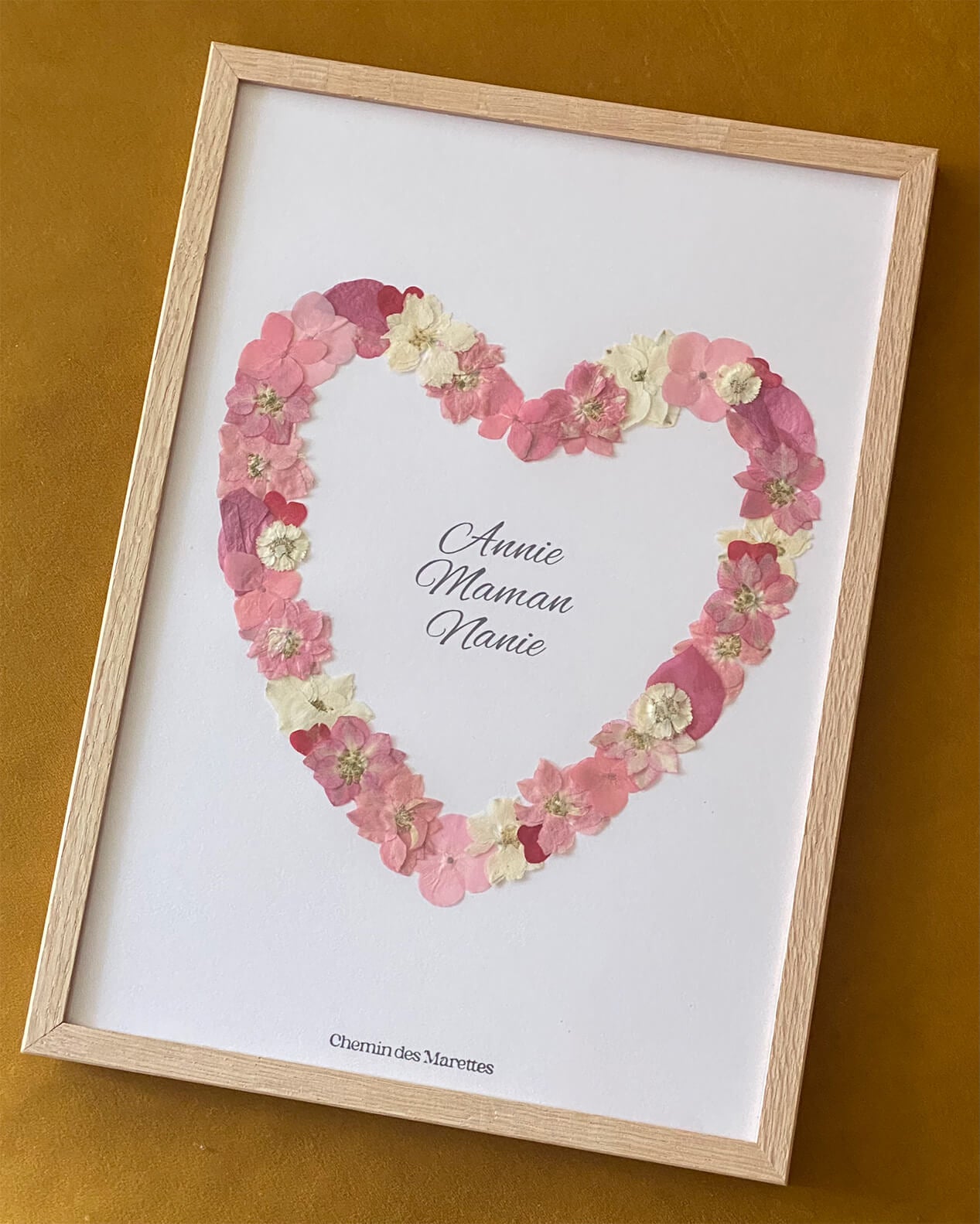 herbier sur mesure coeur rose avec inscription