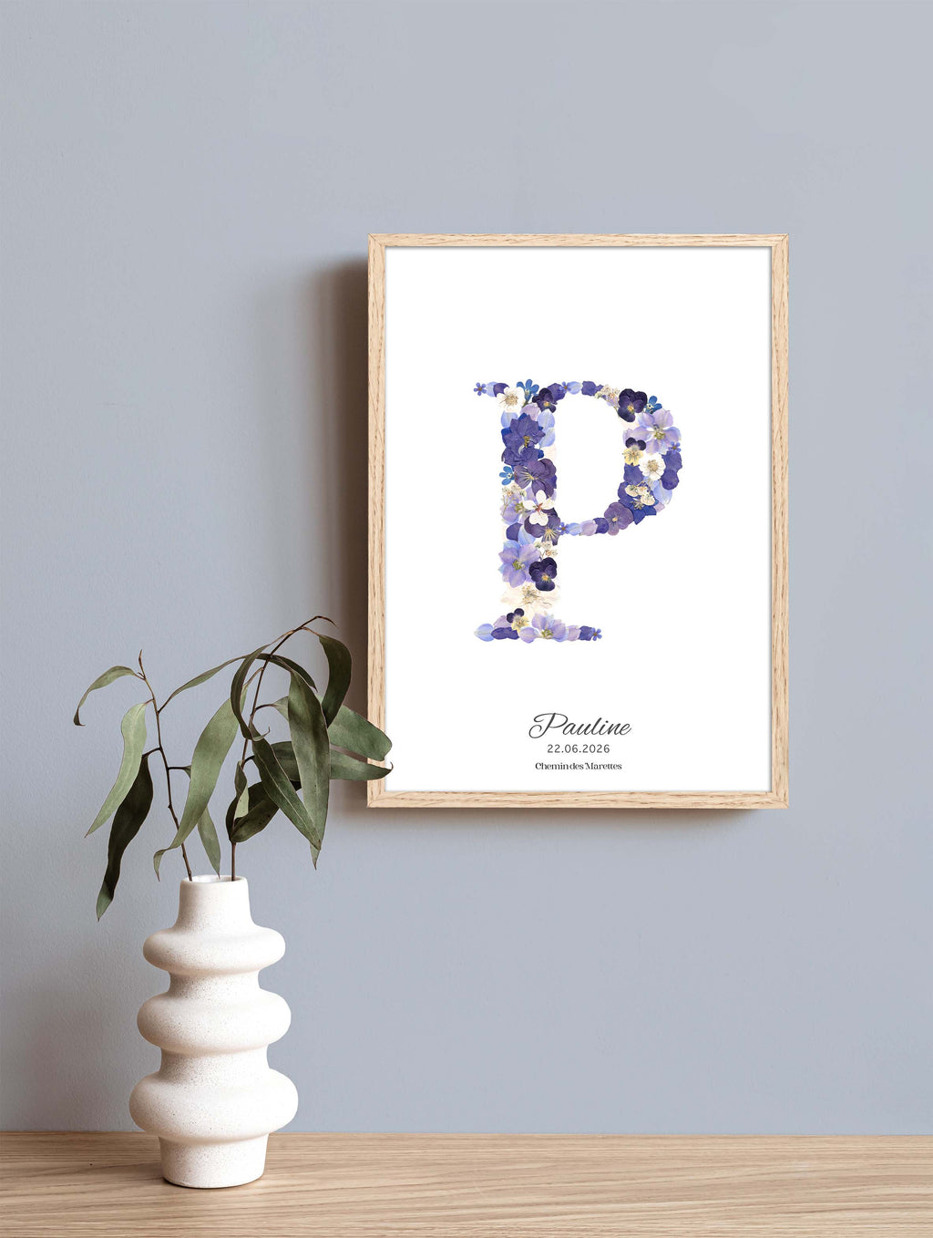 Herbier Lettre Fleurie avec inscription - bleu