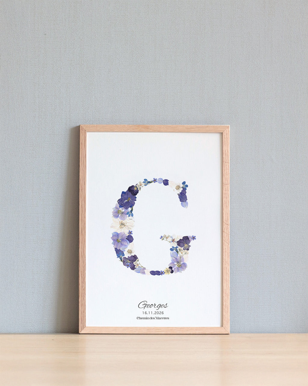 Herbier Lettre Fleurie avec inscription - bleu