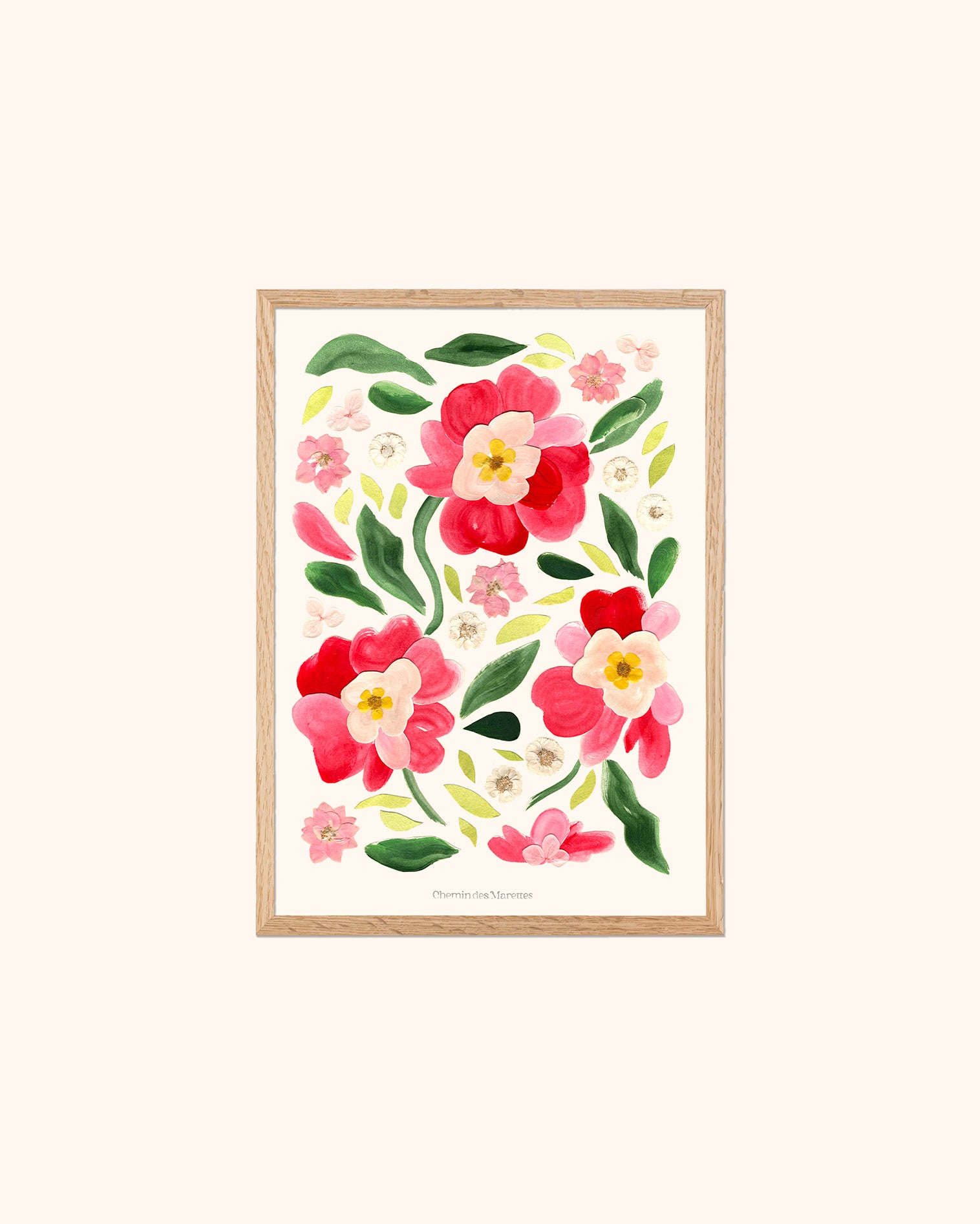 herbier original A4 nommé prémice, collage de fleurs en papier en relief sur fond blanc, encadré dans un cadre en bois de chêne, création Chemin des Marettes.