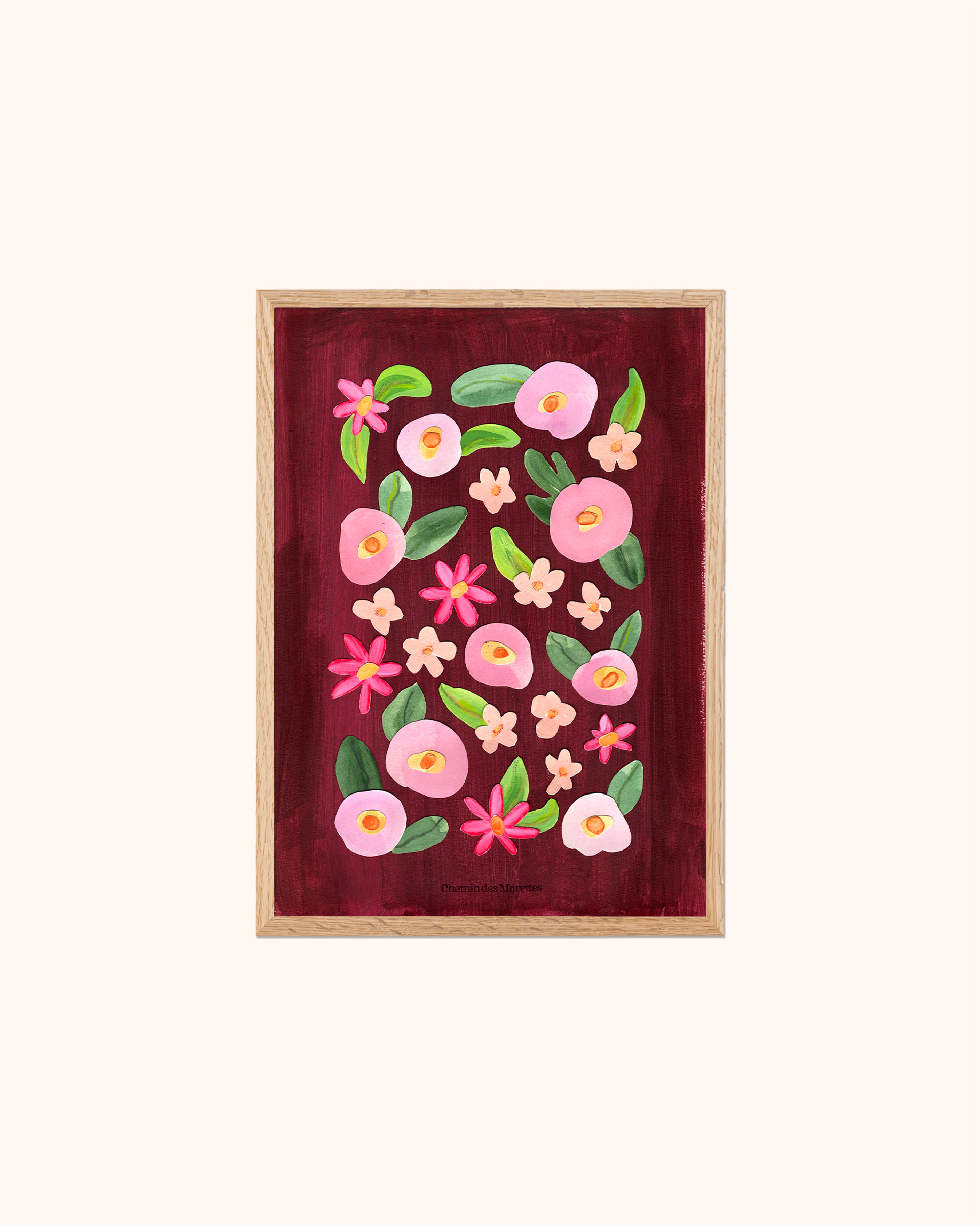 herbier original A4 nommé réglisse, collage de fleurs en papier en relief sur fond peint bordeaux, encadré dans un cadre en bois de chêne, création Chemin des Marettes.